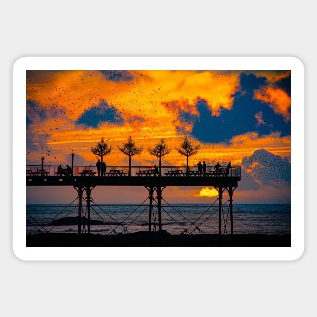 Pier, Sunset, Murmuration - Aberystwyth Sticker by adam-bullock